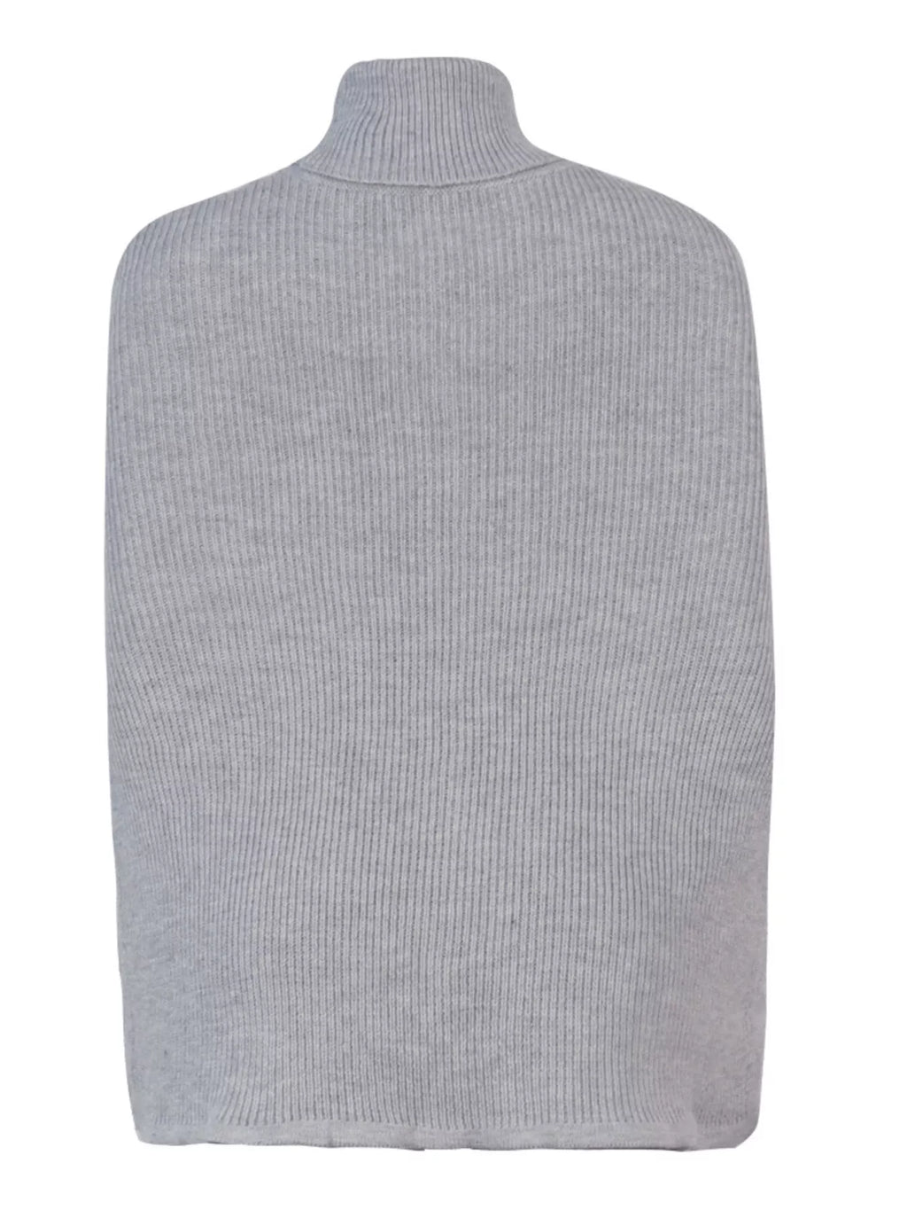Grey chunky cable-knit turtleneck poncho back view with cable pattern