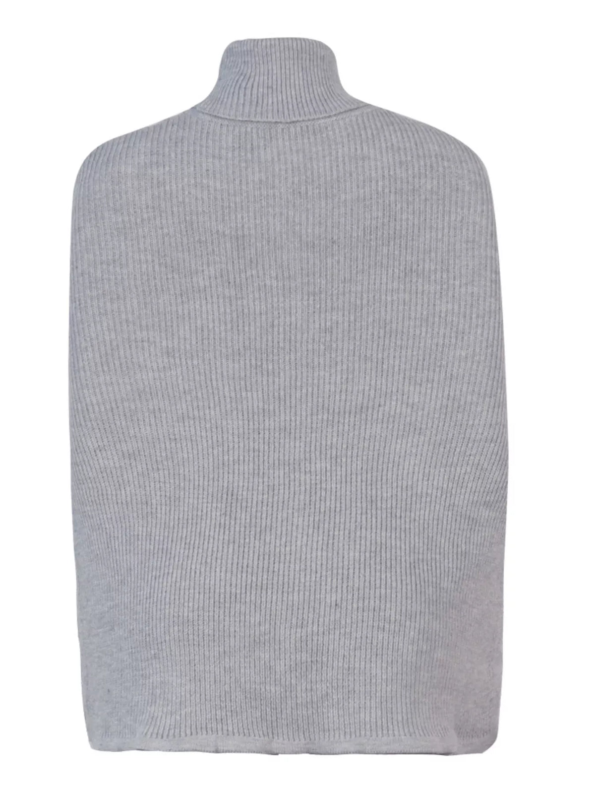Grey chunky cable-knit turtleneck poncho back view with cable pattern