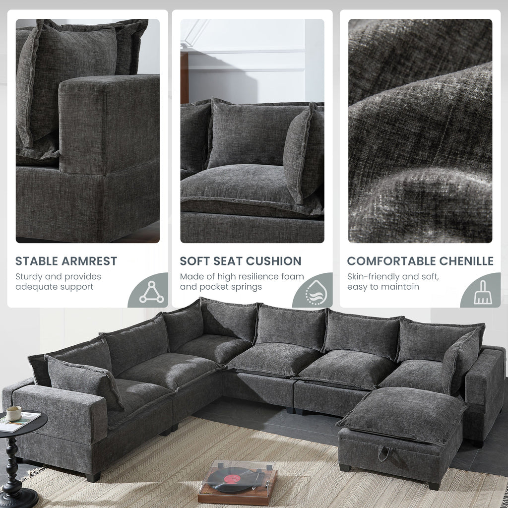 Gray chenille modular sectional sofa with square arms, back cushions, and storage ottoman.