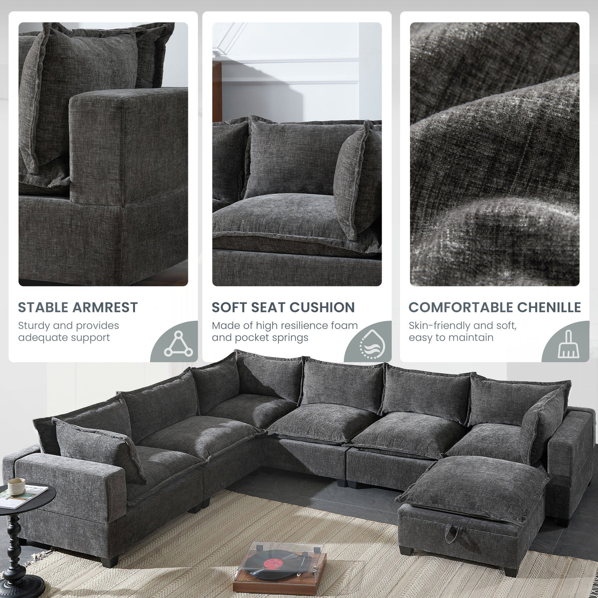 Gray chenille modular sectional sofa with square arms, back cushions, and storage ottoman.