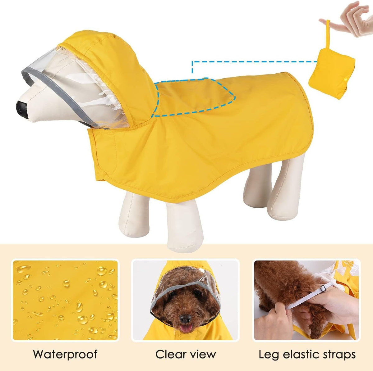Yellow hooded dog raincoat on mannequin with transparent face and leg elastic straps
