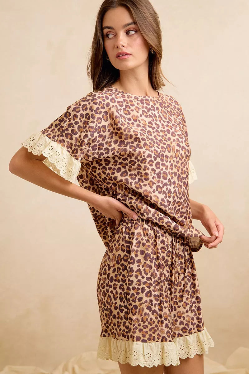 Leopard print ruffled top and shorts set with eyelet lace hem and gathered shorts