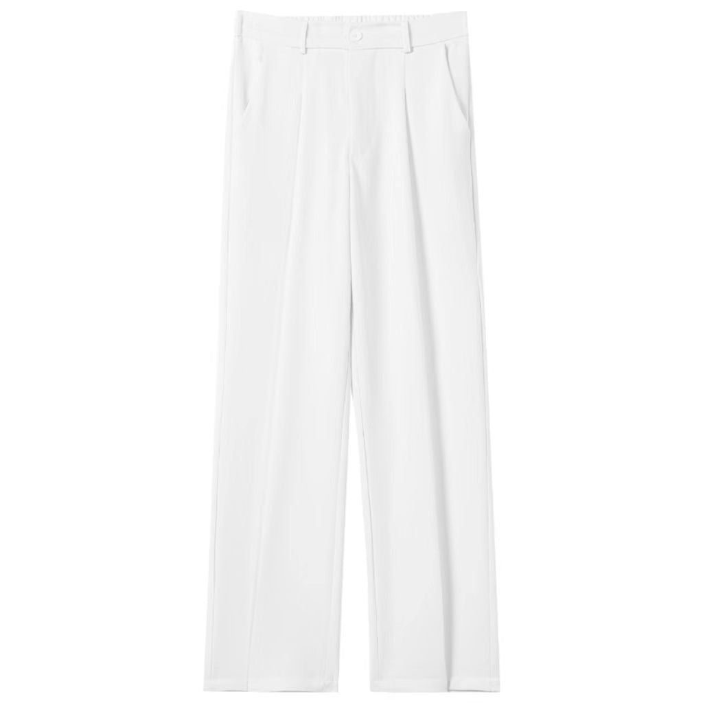 White straight suit trousers with belt loops, pleated front, and button closure