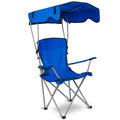 Blue folding beach canopy chair with armrests and side sunshade panels