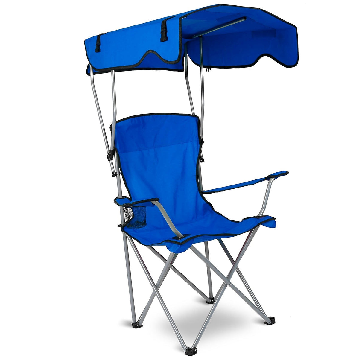 Blue folding beach canopy chair with armrests and side sunshade panels