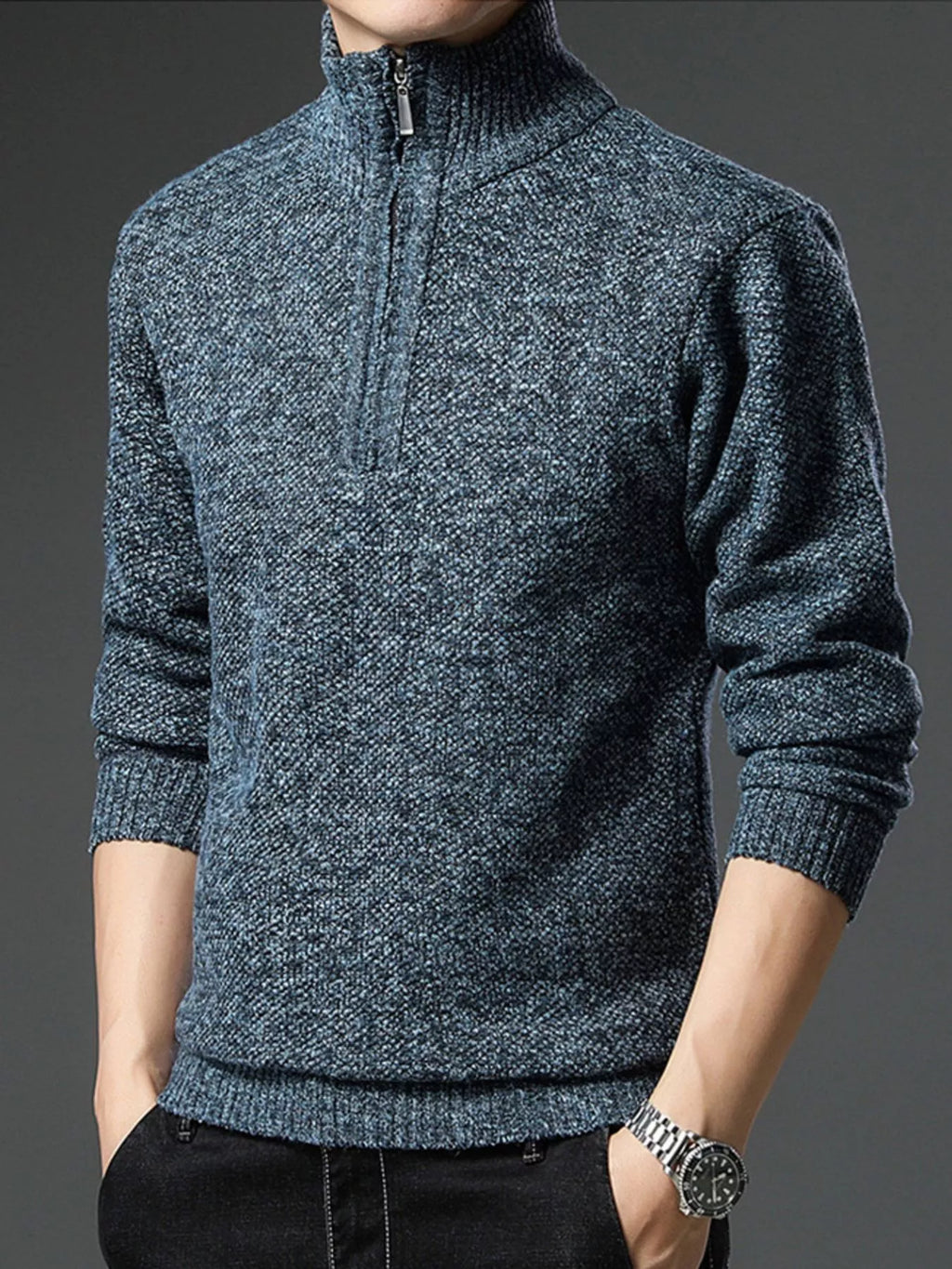 Men's half-zip knitted pullover sweater, dark heather blue, half-zip placket