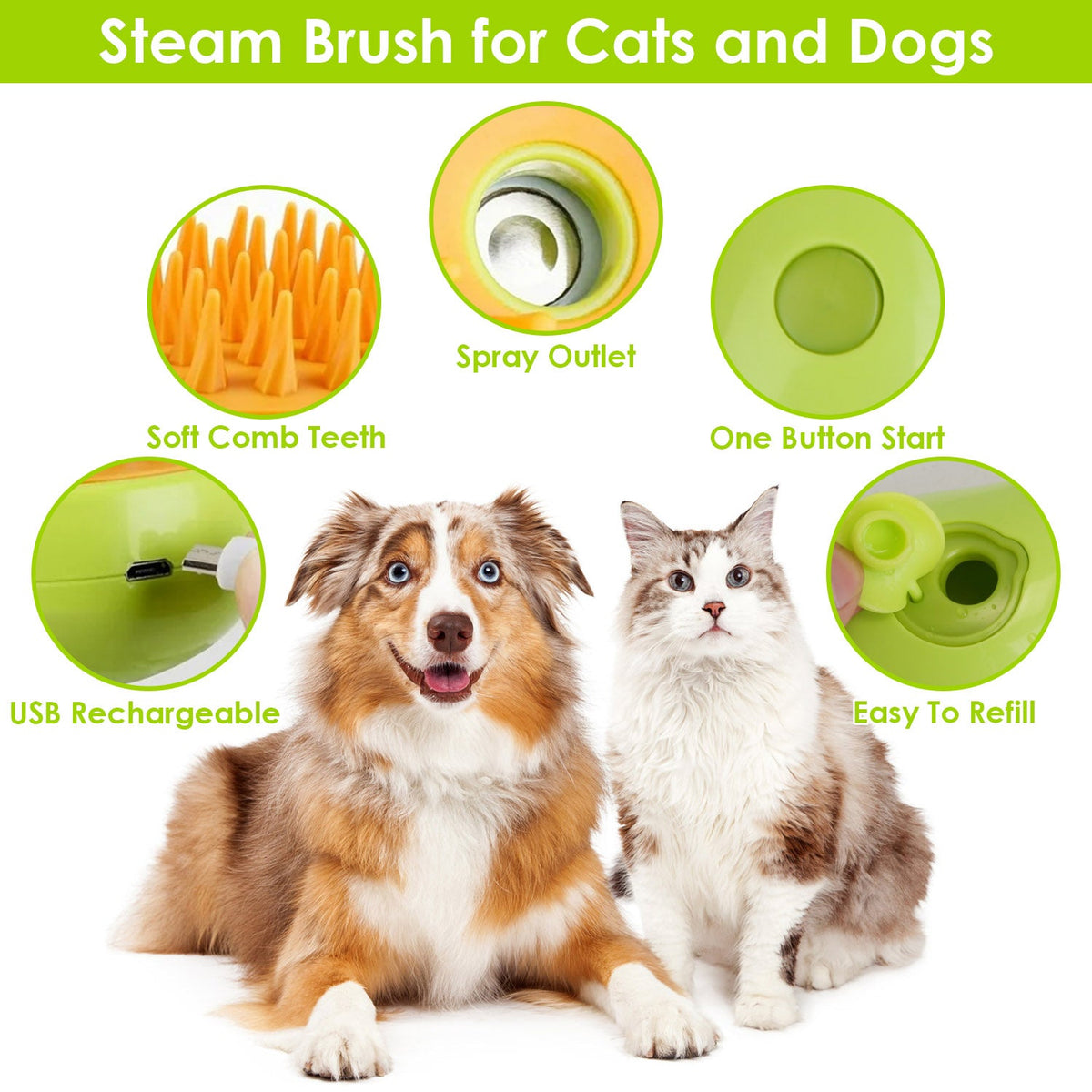 Lime green cat and dog steam brush with orange comb teeth and spray outlet