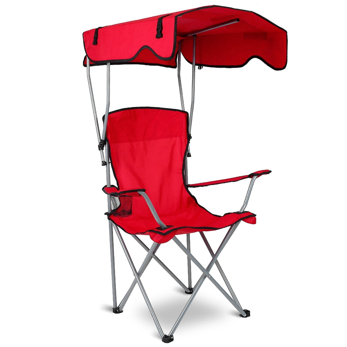 Foldable beach canopy chair with red sunshade, padded seat, and metal folding legs