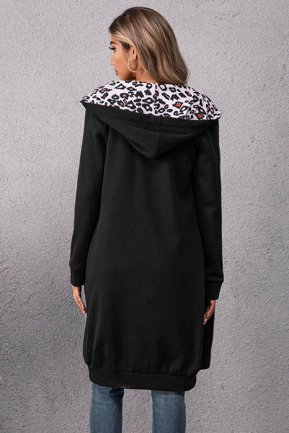 Black hoodie dress back with leopard-print hood lining and long drawstring ties