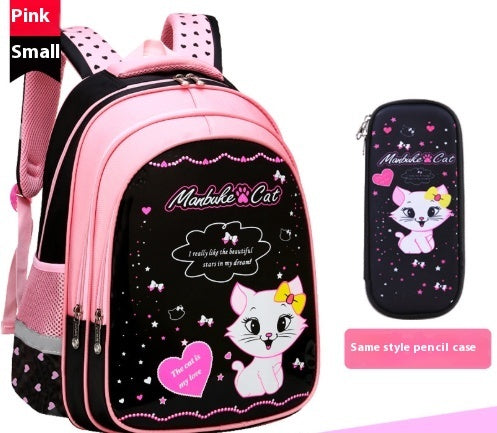 Pink kids cat print backpack with black front and cat graphic; includes black cat pencil case pouch.