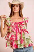 Floral print ruffle square-neck top with bow tie detail, short puff sleeves