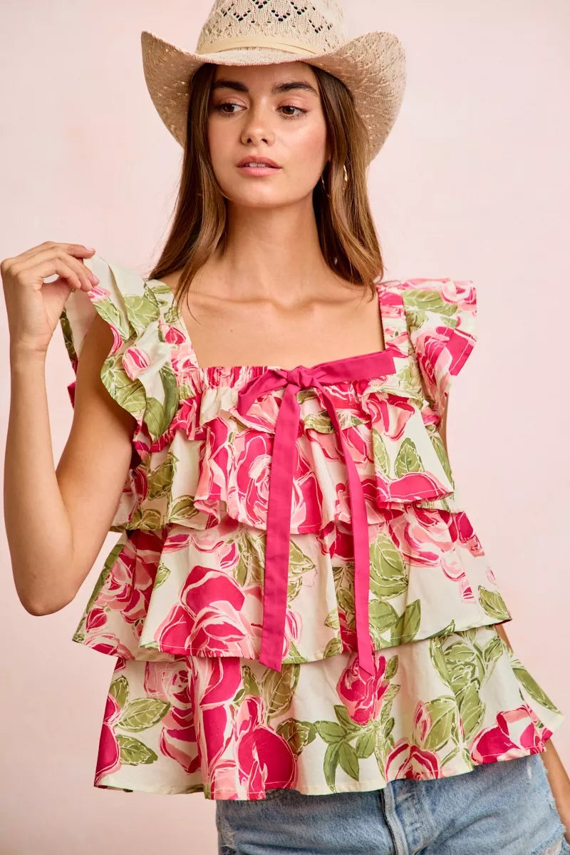 Floral print ruffle square-neck top with bow tie detail, short puff sleeves