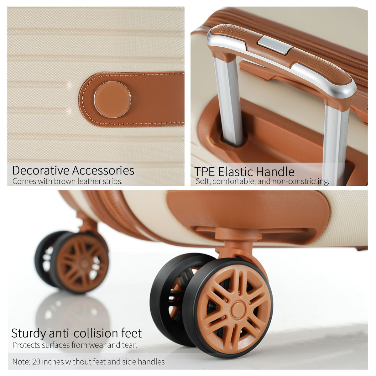 Luggage handle with brown accents and anti-collision feet on spinner wheels