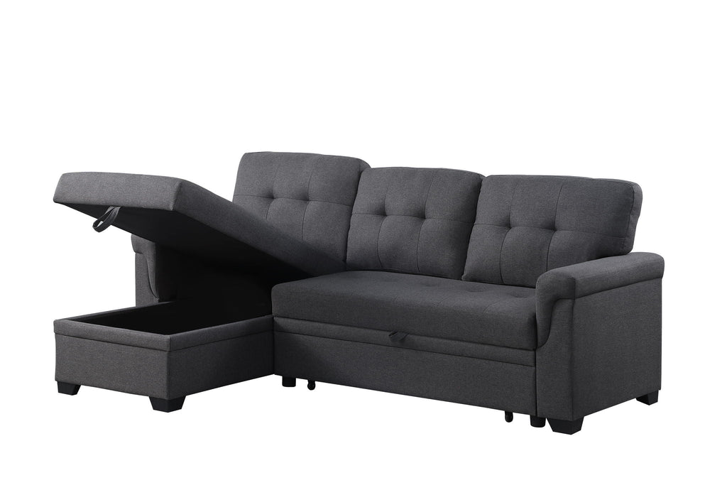 Dark gray reversible sleeper sectional sofa with storage chaise, tufted cushions