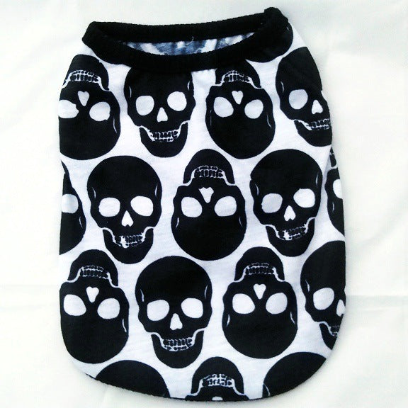 Black skull-print pet shirt with black ribbed collar and short sleeves