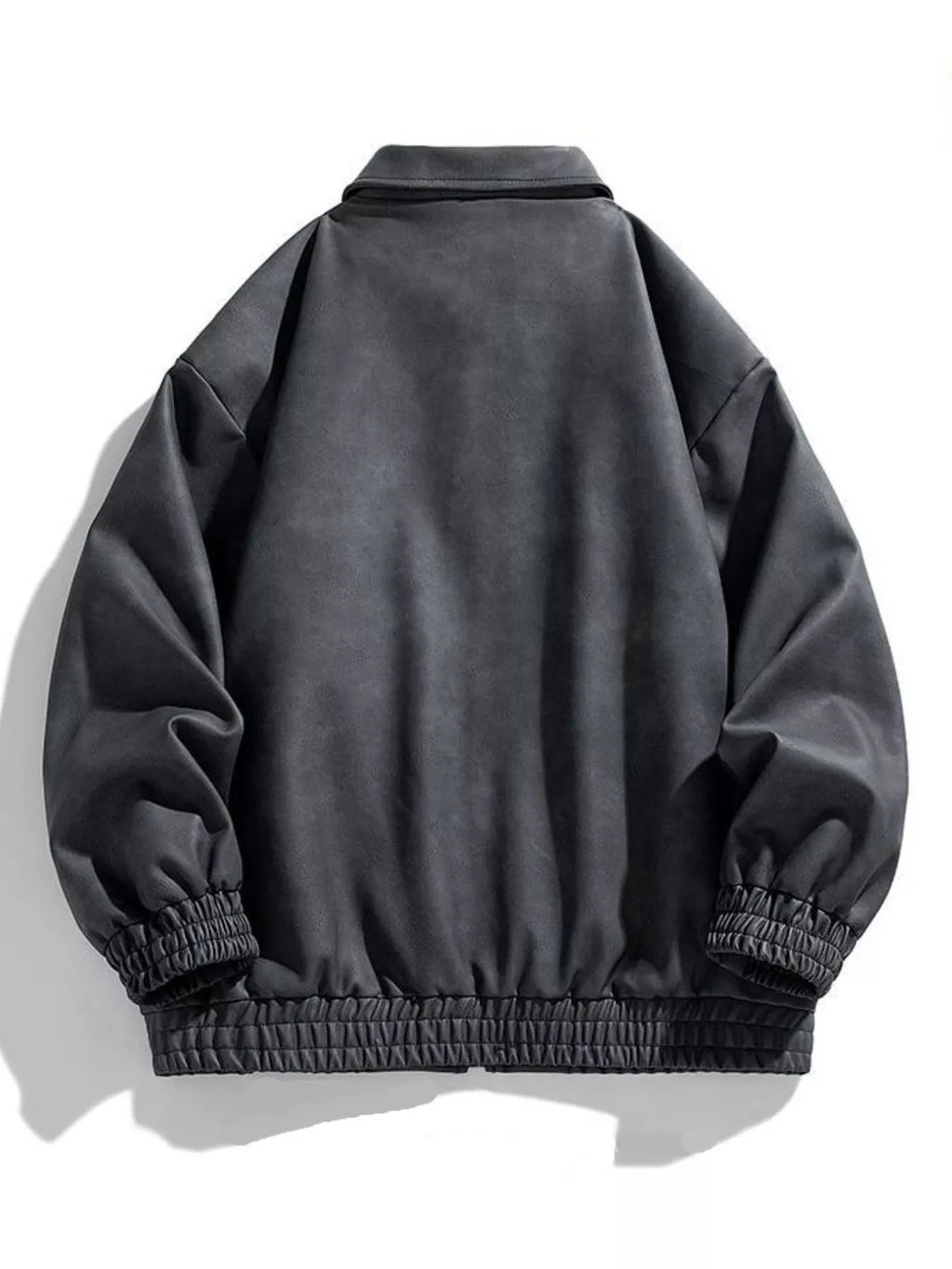 Black fleece-lined zip-up jacket, back view with ribbed hem and cuffs