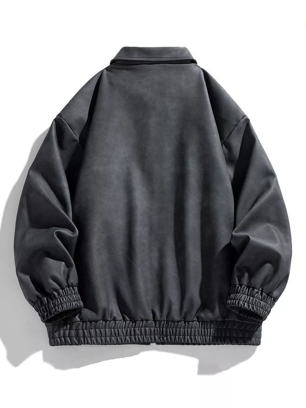 Black fleece-lined zip-up jacket, back view with ribbed hem and cuffs