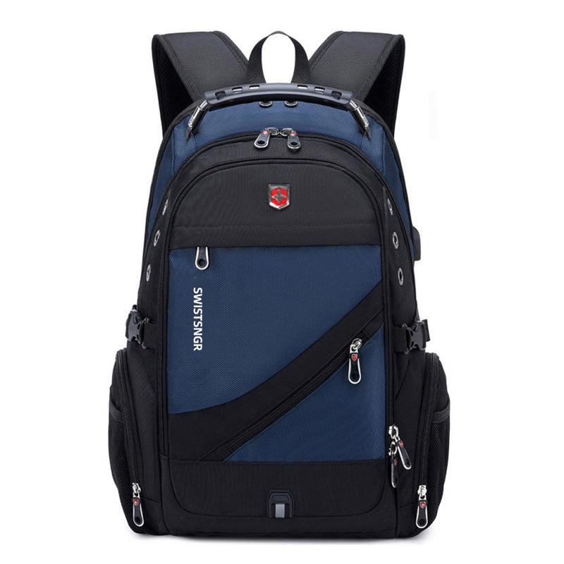 Blue backpack with diagonal black trim, front zip pocket, and padded shoulder straps