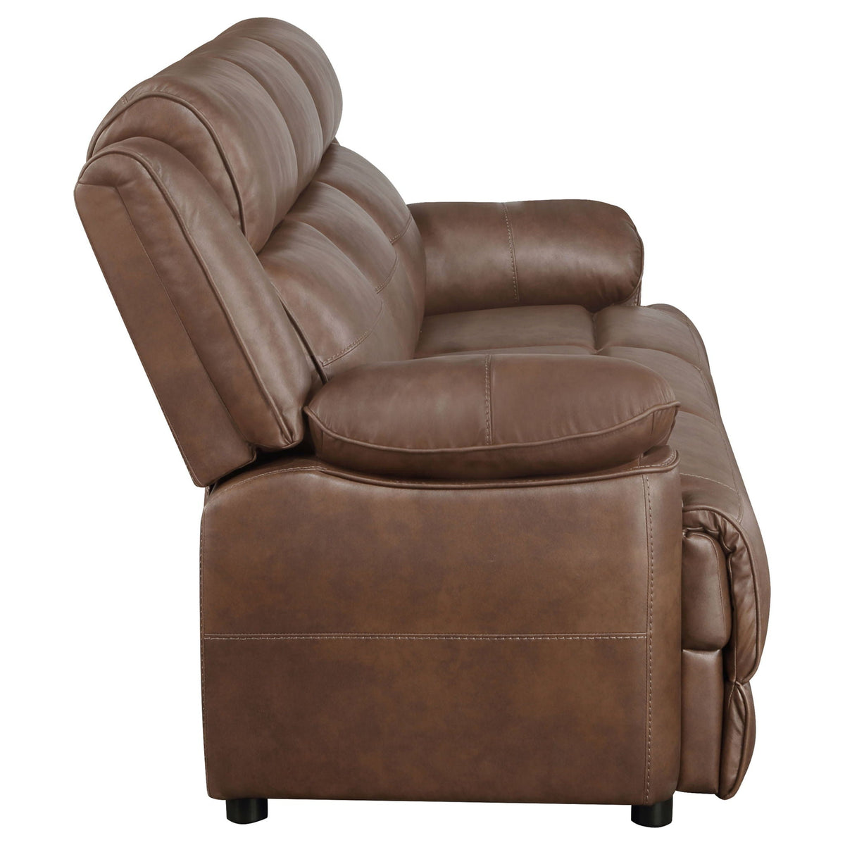 Dark brown upholstered accent chair with cushioned headrest and padded armrests