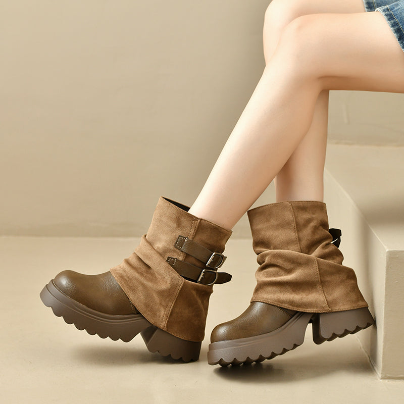 Khaki slouchy platform combat ankle boots with buckle straps and thick lug sole.