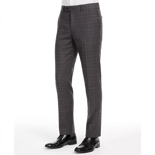 Men's dark gray plaid slim-fit stretch suit pants, full-length front view