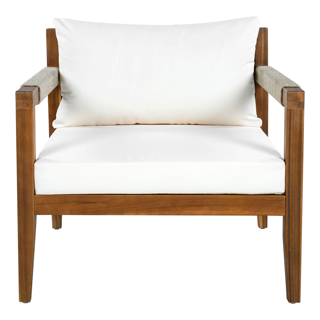 Acacia wood outdoor chair with light gray cushion and white throw pillow