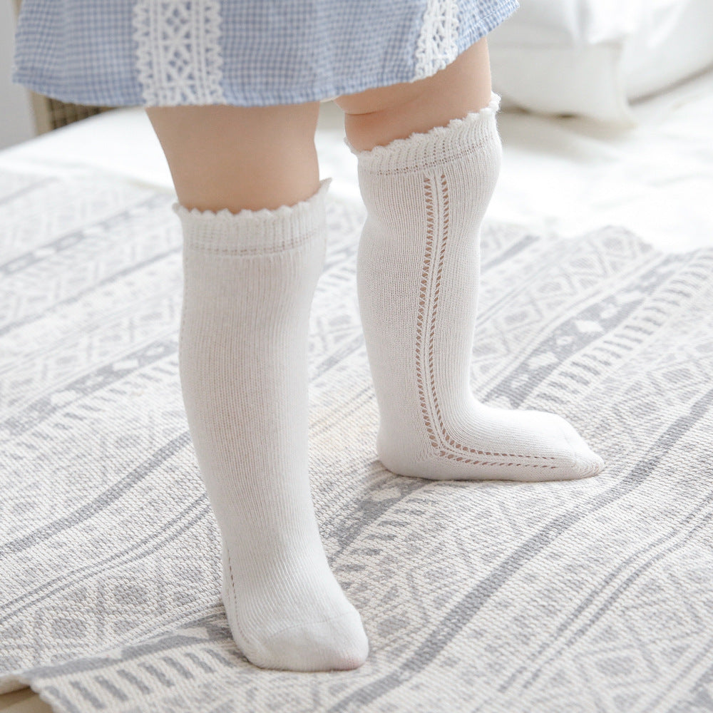 Baby long tube socks, white/bleached, ribbed leg with side stitched stripe