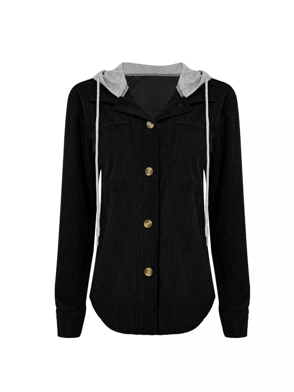Black corduroy hooded button-down jacket, front view with gold button placket
