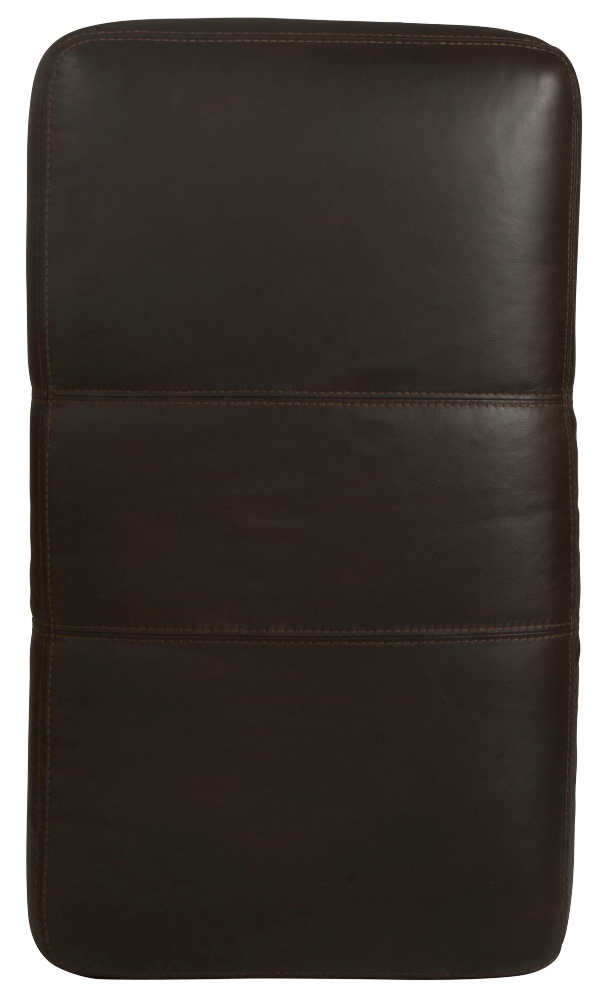 Chocolate leather ottoman close-up of rounded side panel with double stitching.