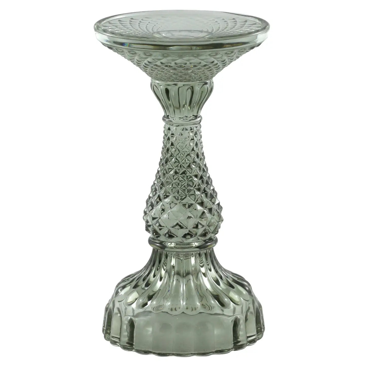 Green glass pillar candle holder with flared top and textured base