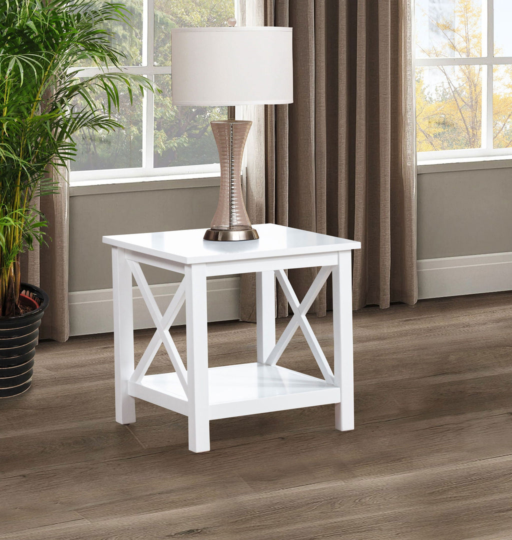 White square side table with open shelf and X-braced sides