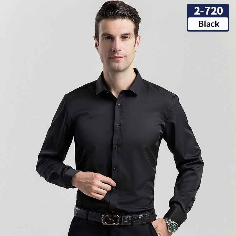 Men's solid black long-sleeve button-up shirt, collared with front button placket