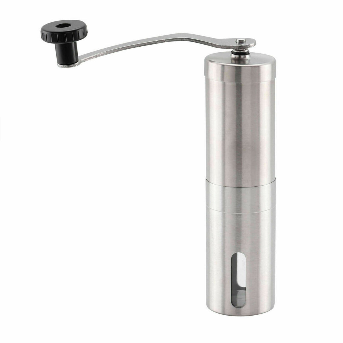 Stainless steel manual coffee grinder with top crank handle and side grind window