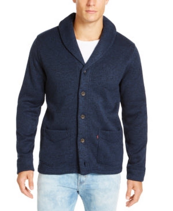 Men's button-front navy knit cardigan with shawl collar and chest patch pocket