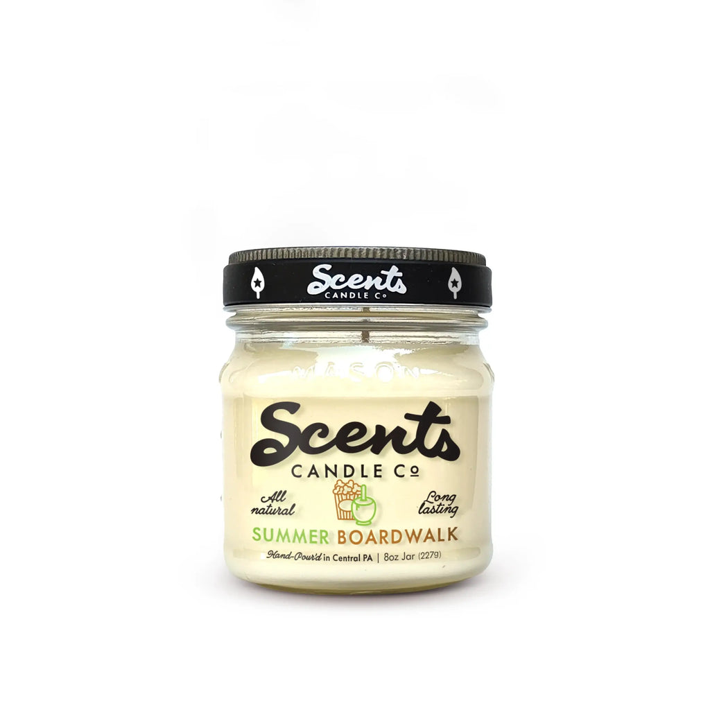 Scents Candle Co soy wax candle jar, black lid, pale cream wax, Summer Boardwalk.
