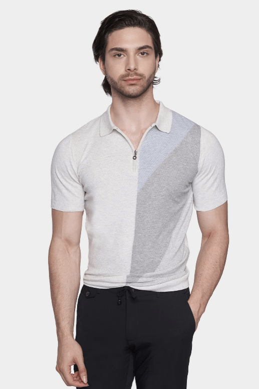 Blued gray mercerized cotton polo with contrast diagonal knit panel and half-zip