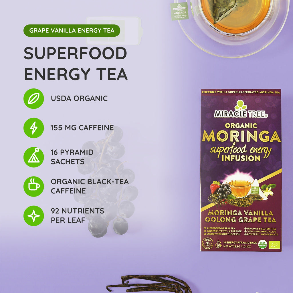 Organic moringa superfood energy infusion tea package with grape vanilla flavor label