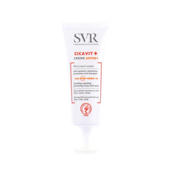 SVR Cicavit+ SPF50+ cream tube, side/back panel with ingredient and claims box