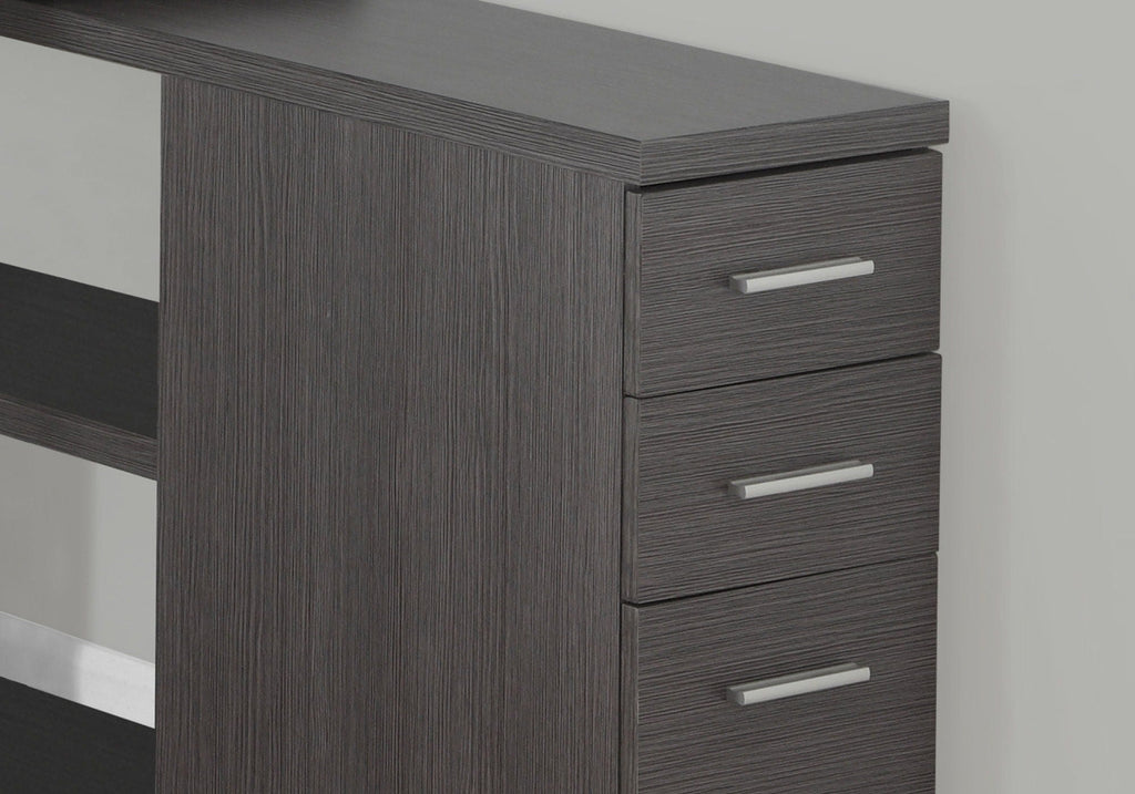 Dark gray L-shape computer desk cabinet with three pull-out storage drawers