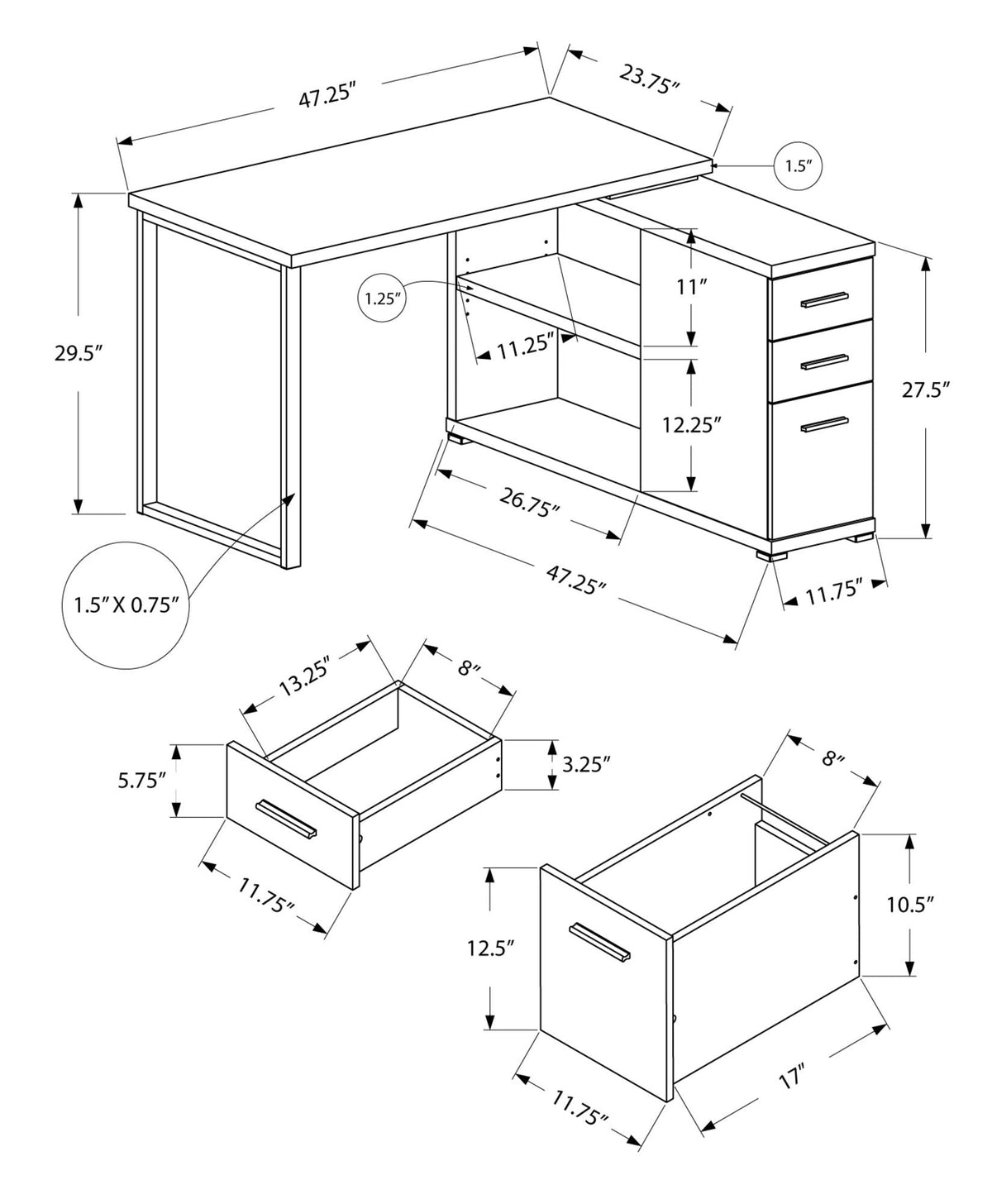 L-shape computer desk diagram with right-side storage drawers and open center shelf