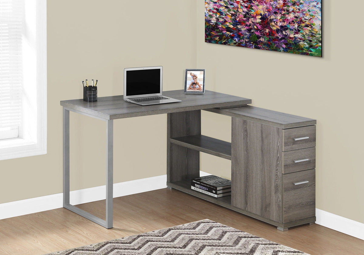 Light gray L-shape computer desk with right-side drawers and open shelving