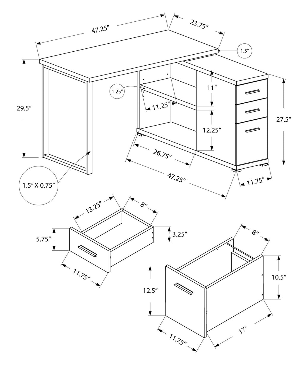 L-shaped desk dimension diagram showing measurements and drawer storage layout