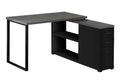 Black L-shaped computer desk with open shelving and three-drawer storage tower