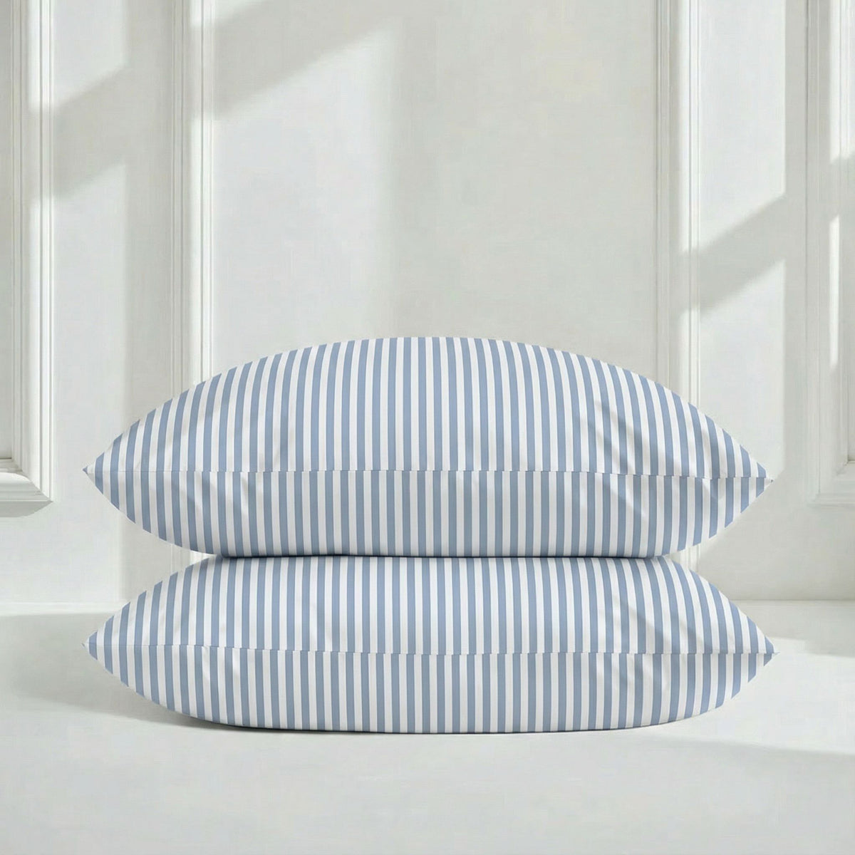 Blue and white striped sateen bedding bundle with two pillows stacked
