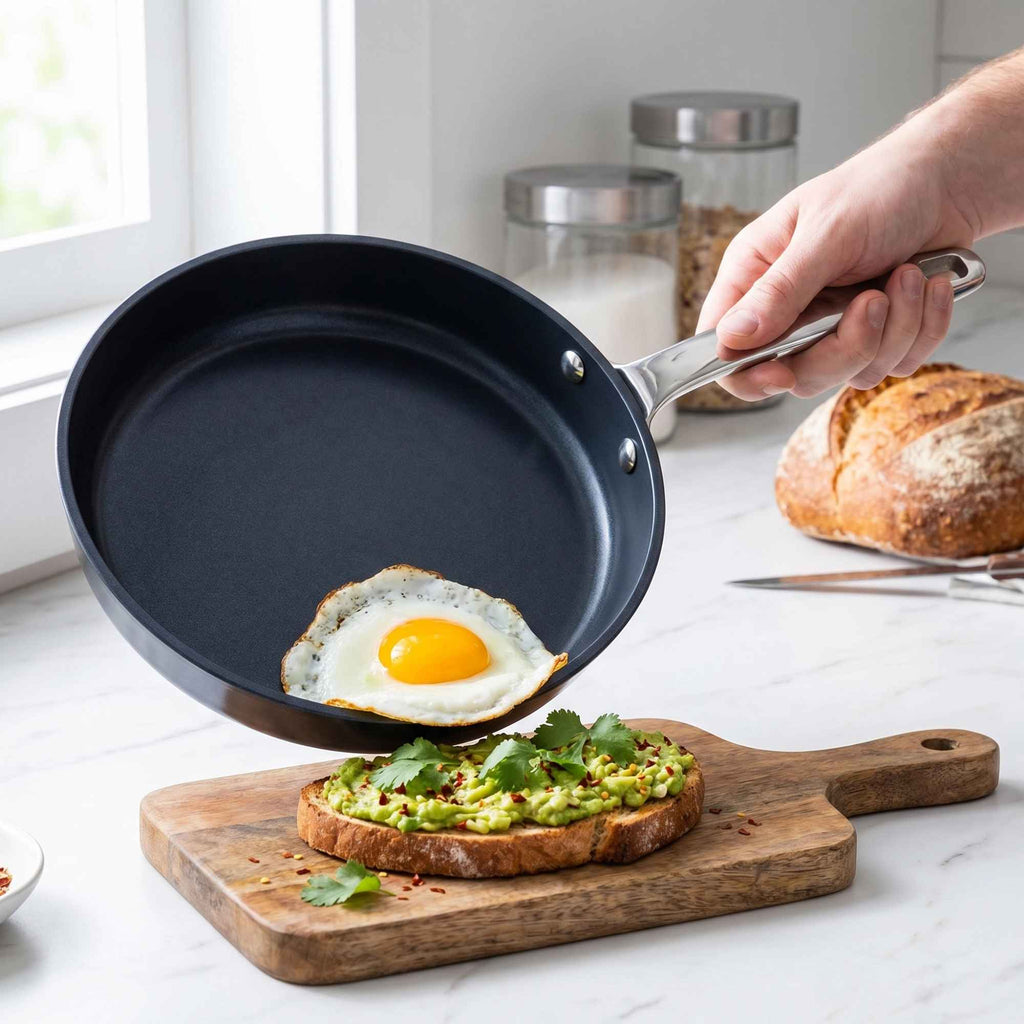 Ceramic nonstick frying pan with handle, cooking a sunny-side-up egg