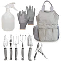 9-piece heavy-duty aluminum gardening tool set with gloves, apron, tools, and sprayer
