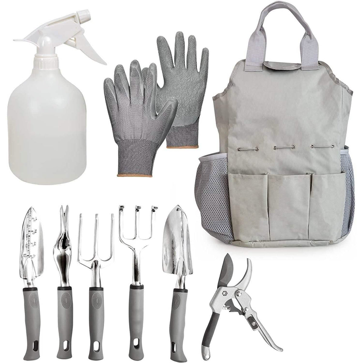 9-piece heavy-duty aluminum gardening tool set with gloves, apron, tools, and sprayer