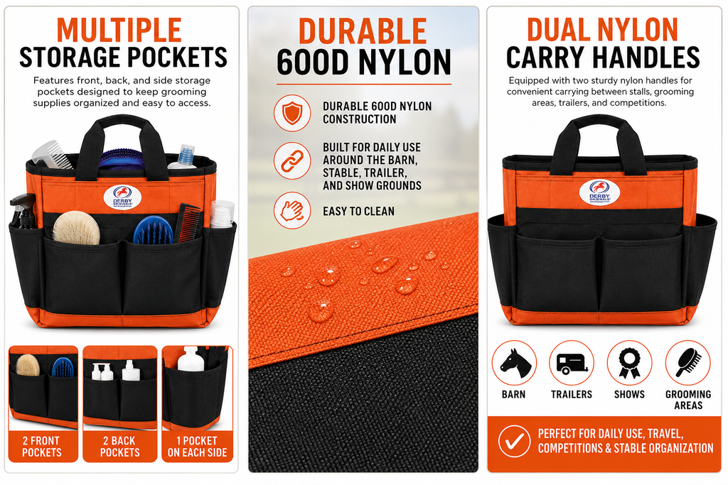 Orange and black grooming tote bag with multiple front storage pockets