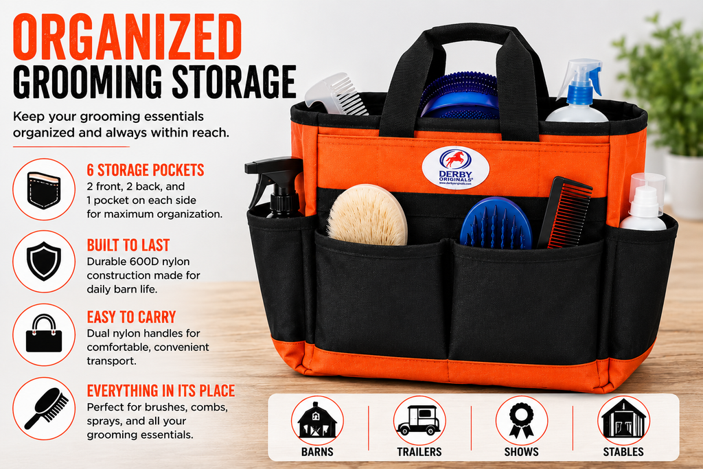 Orange and black grooming tote bag with dual handles holding brushes and grooming bottles
