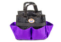 Purple and black nylon grooming tote bag with dual handles and multiple storage pockets